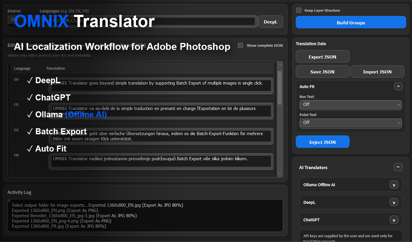 OMNIX Translator complete Photoshop translation workspace and feature overview