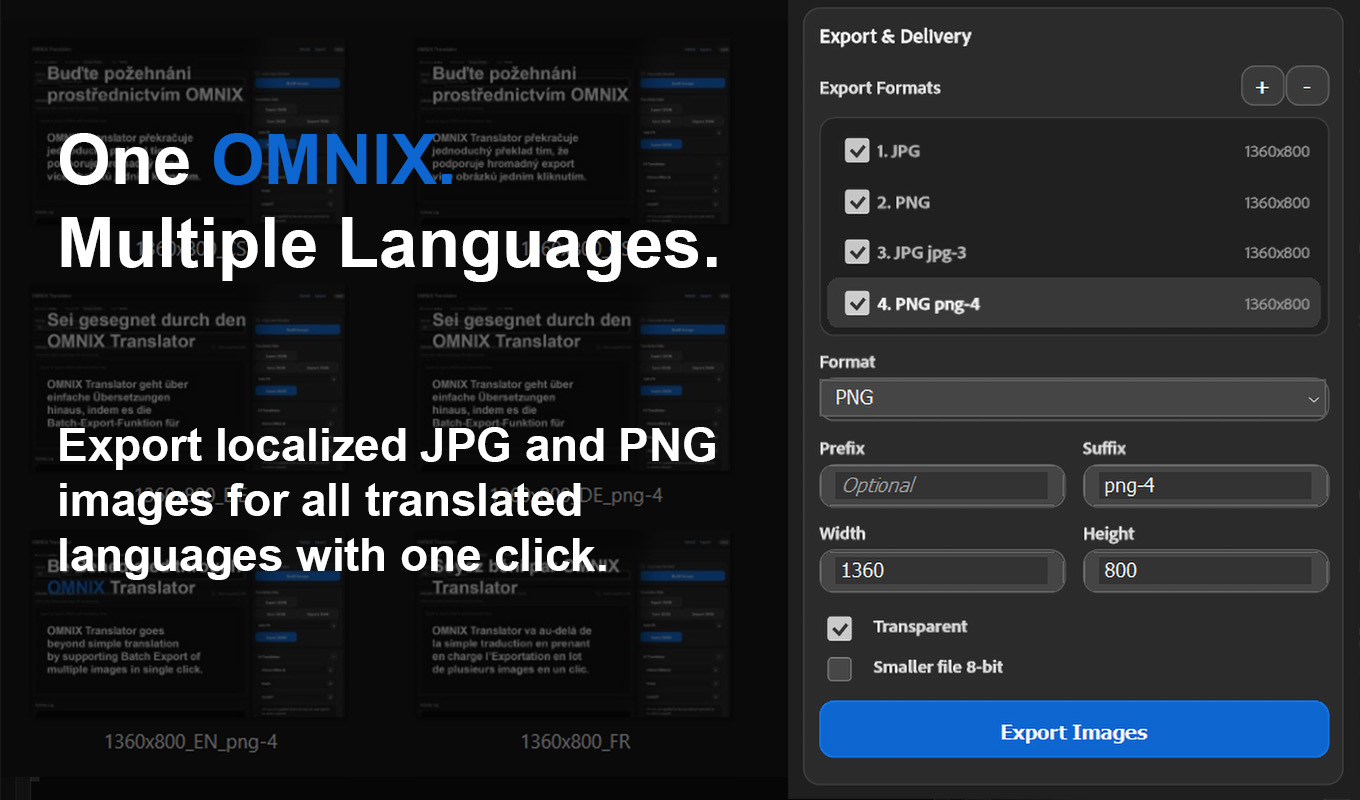 OMNIX Translator one-click batch export for multiple localized Photoshop images