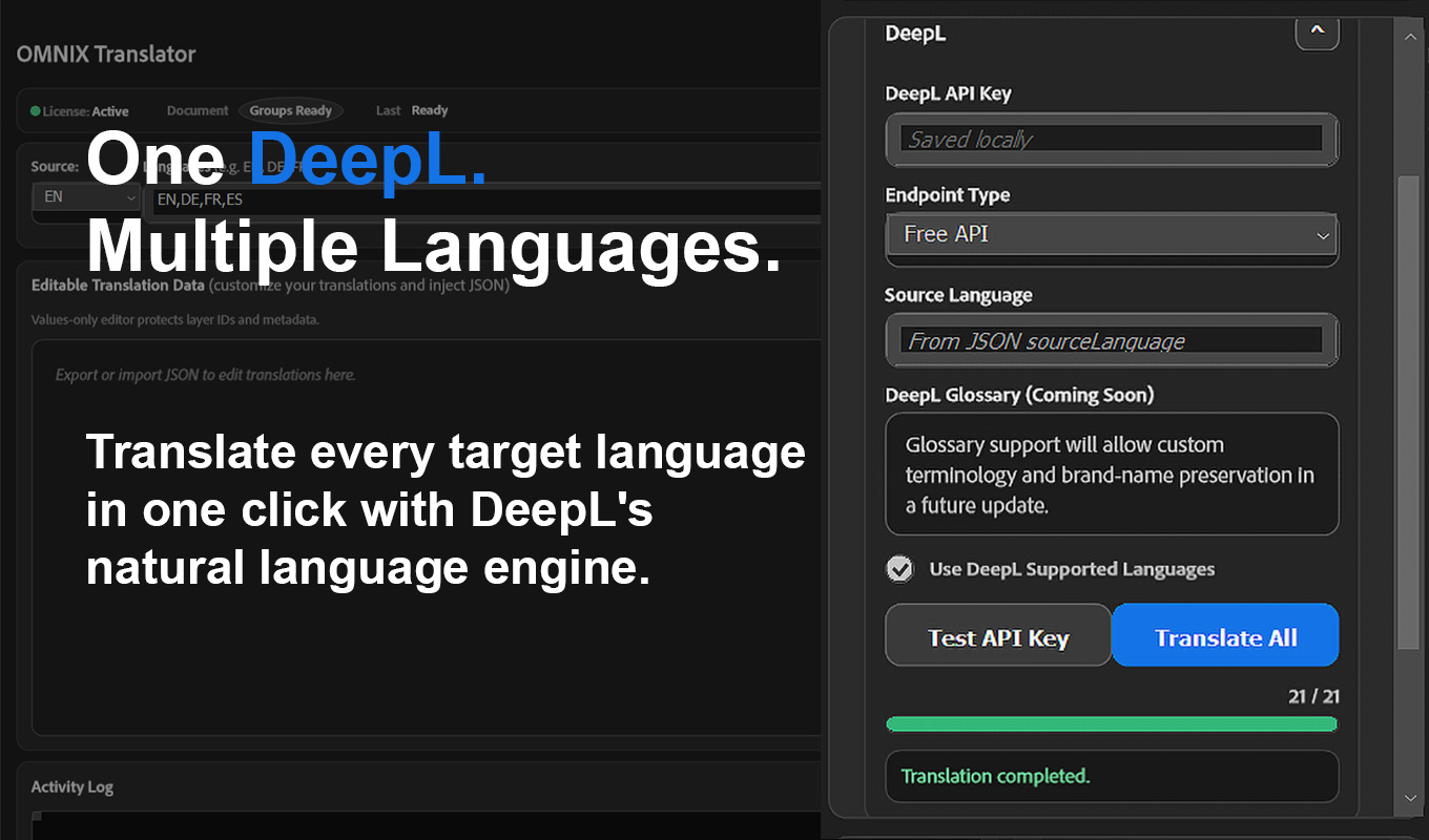 OMNIX Translator translating multiple target languages with DeepL